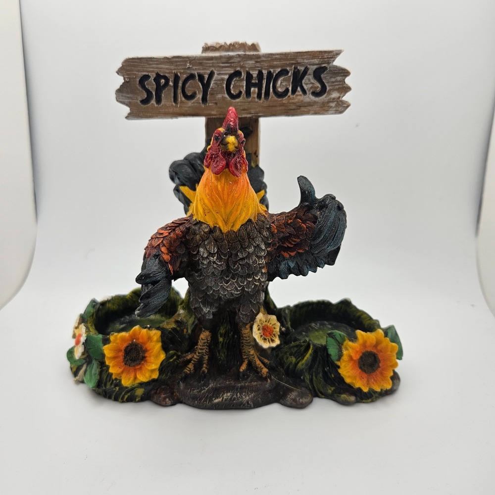 Spicy Chicks Rooster Salt & Pepper Shaker Holder‎ Farmhouse Kitchen Decor Resin